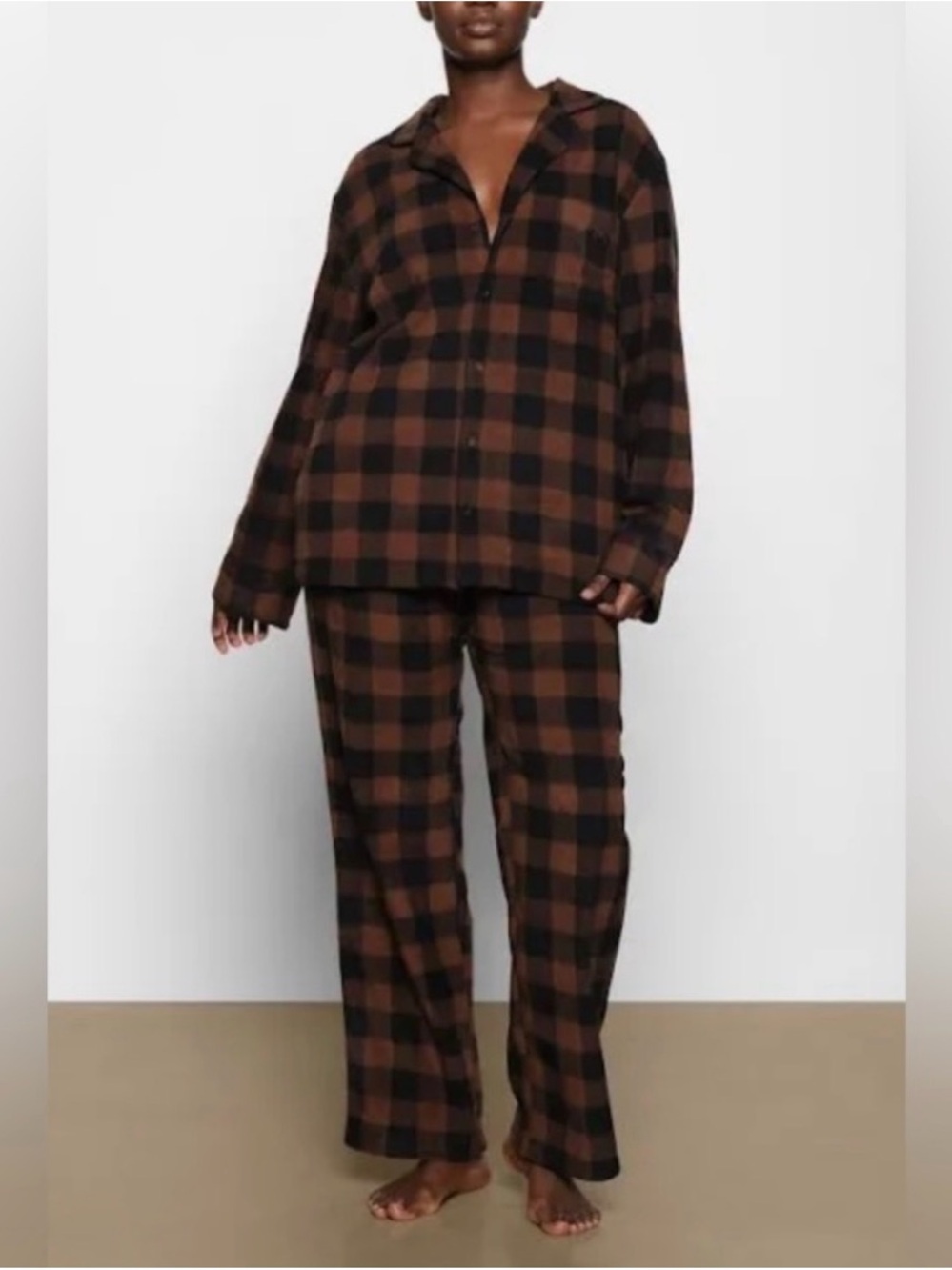 SKIMS Brown & Black Plaid Wide-Leg Pajama Pants